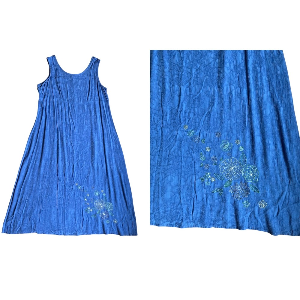 Vintage Blue Maxi Dress Plus size 18 Embroidered Floral Tradwife Modest Flowy
